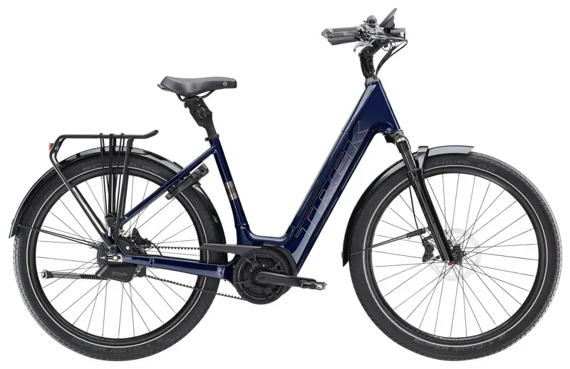 Trek District+ 5 Lowstep 525w Electric City Bike in Deep Dark Blue